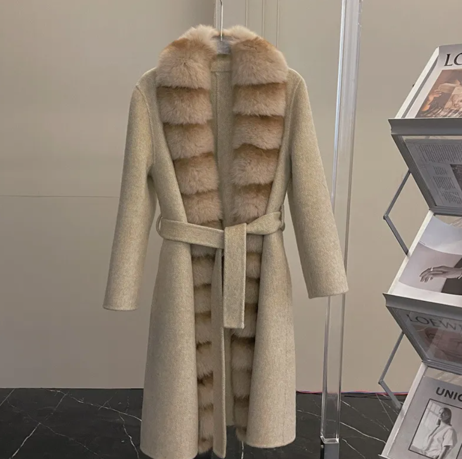 Alpaca Fleece Coat with Detachable Fox Fur Collar
