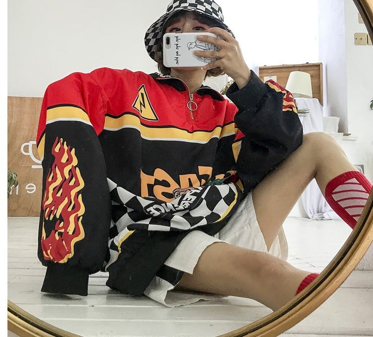 Harajuku Retro Racing Print Loose Pullover Sweater | Streetwear