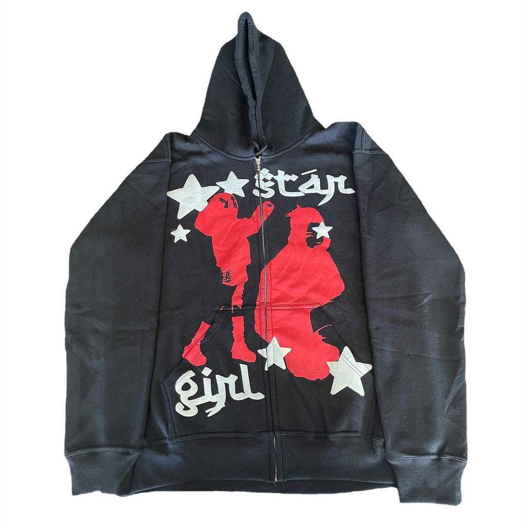 Women's Black Zip Hoodie Sweatshirt with Hip Hop Star Print | Streetwear