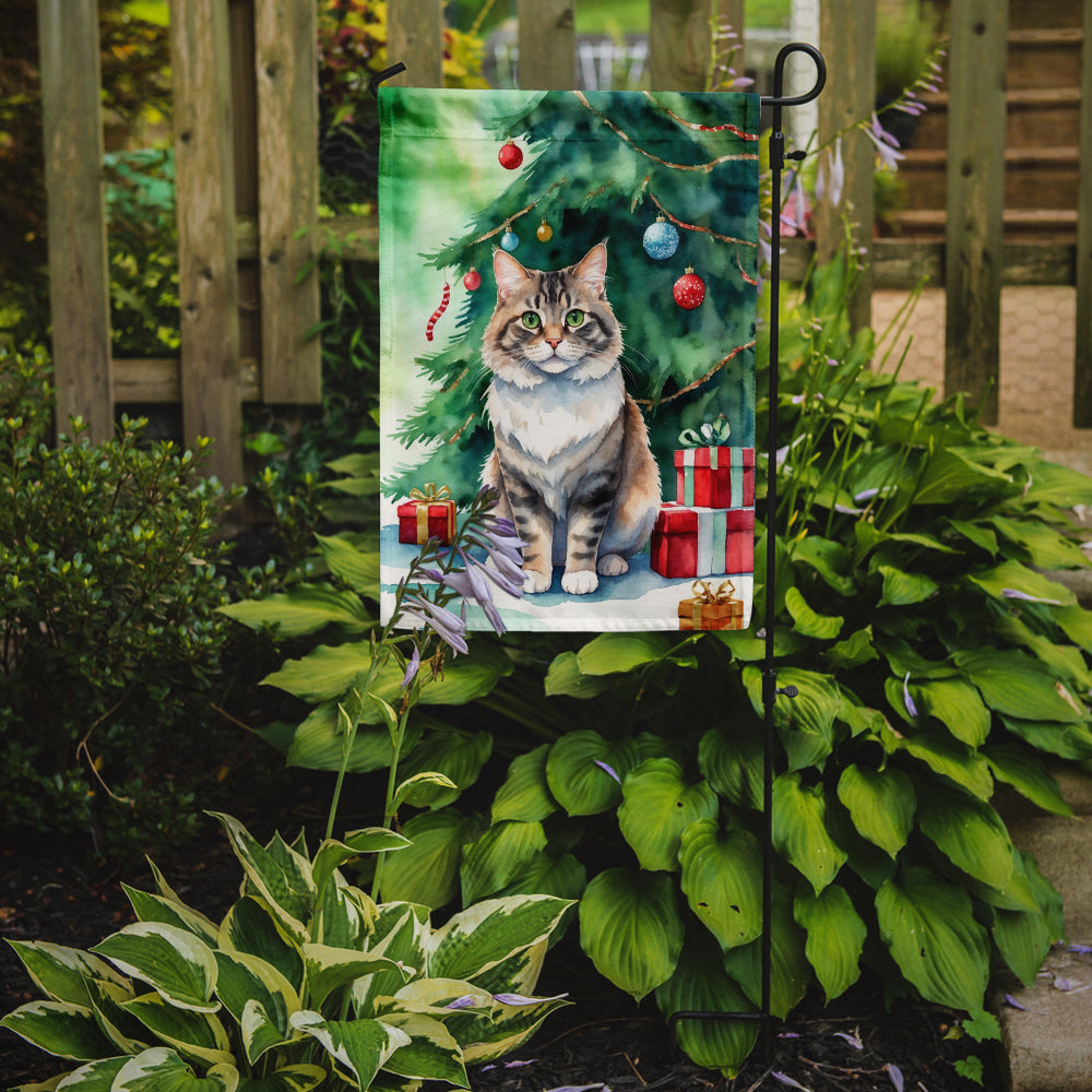 Kurilian Bobtail Cat By the Christmas Tree Garden Flag