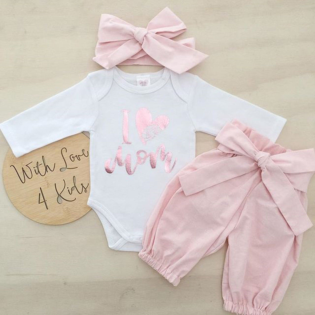 Love Mom Outfit Set with Bodysuit, Pants, and Headband