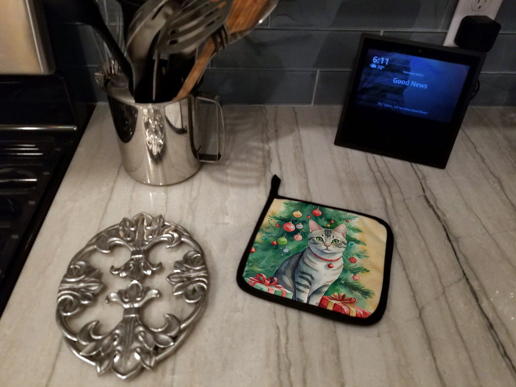 Asian Cat By the Christmas Tree Pair of Pot Holders