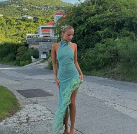 Feather Trim Halter Party Dress