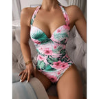 Tropical Floral Halter One-Piece Swimsuit