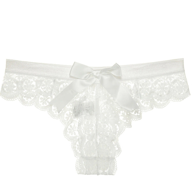 Lace Triangle Panties with Bow - Sheer T-Back Design