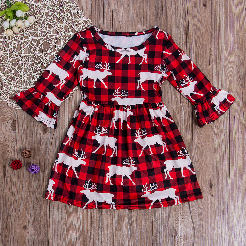 Christmas Plaid Reindeer Print Princess Dress for Kids