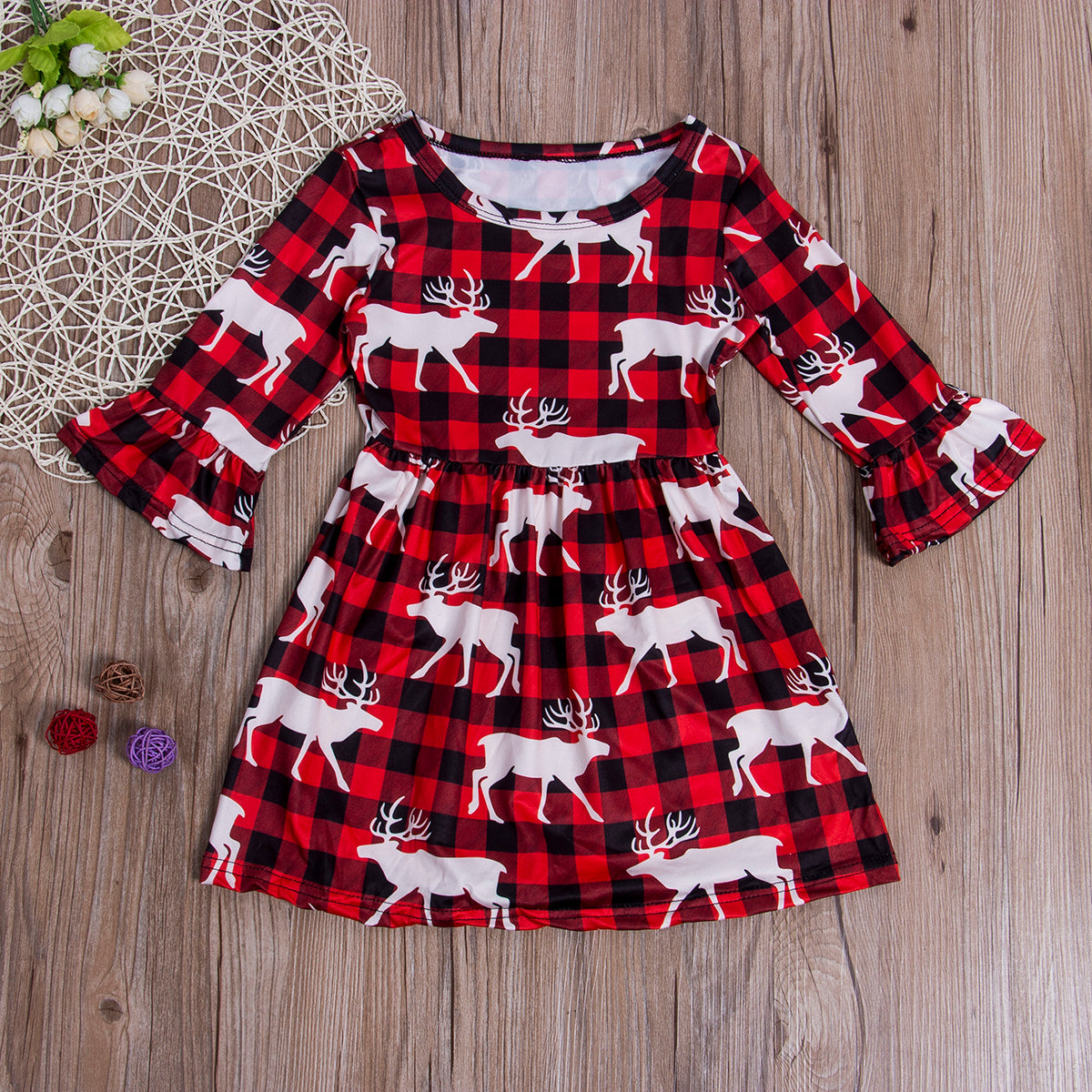 Christmas Plaid Reindeer Print Princess Dress for Kids
