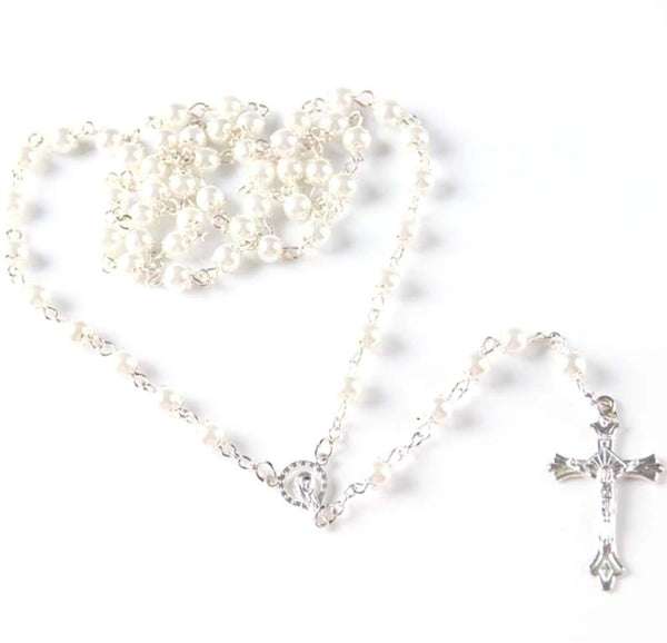 Glass Pearl Rosary Necklace