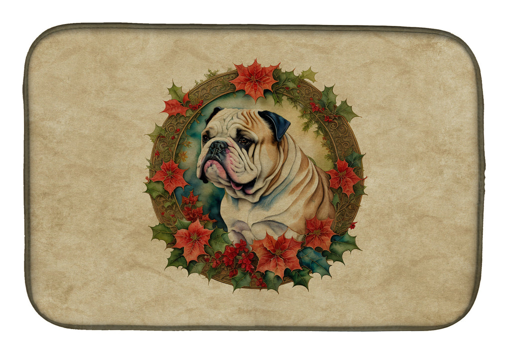 English Bulldog Christmas Flowers Dish Drying Mat