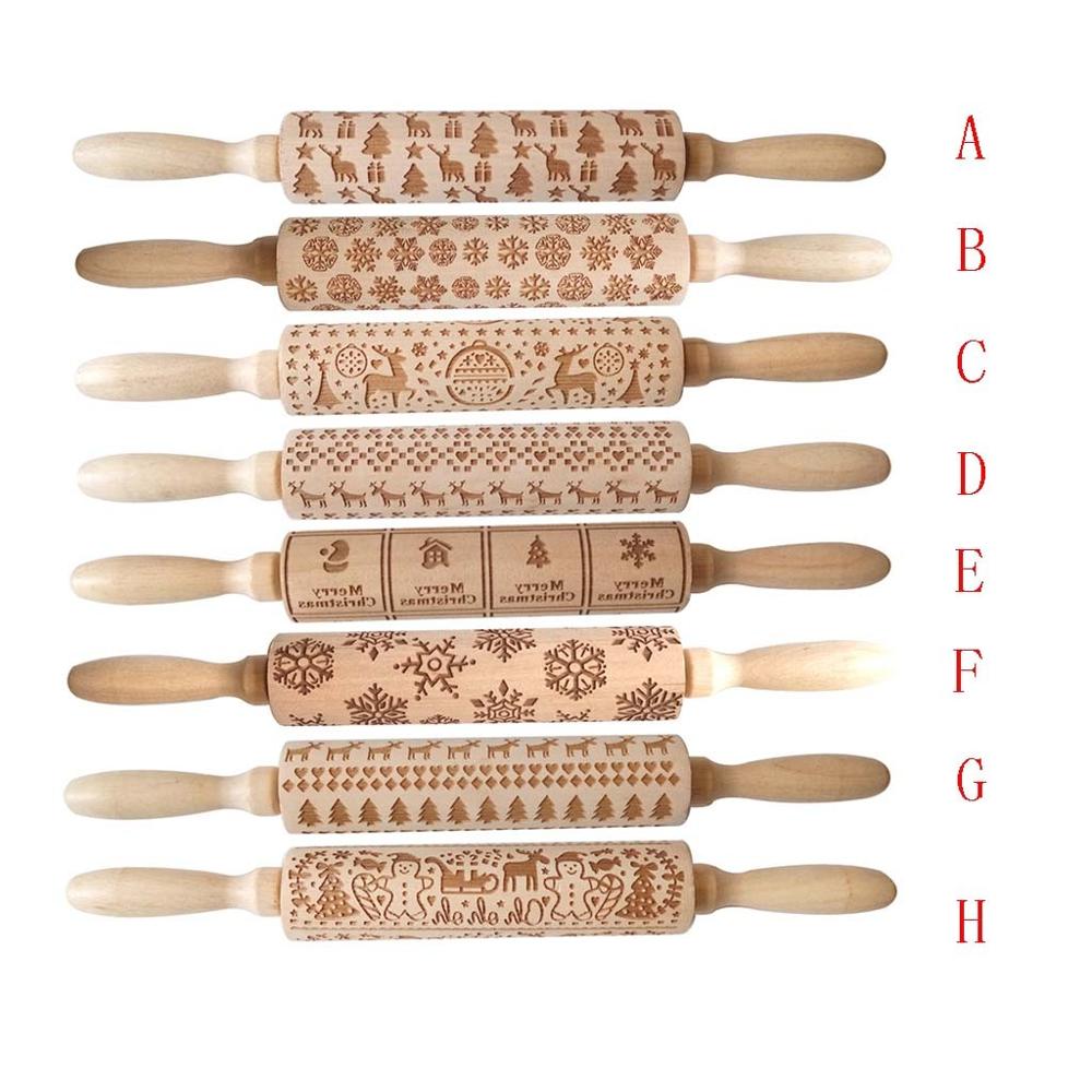 Wooden Christmas Print Rolling Pin for Cookies