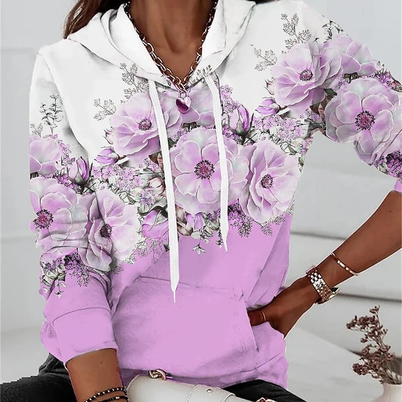 Floral Print Hooded Pullover Sweater with Long Sleeves | Streetwear