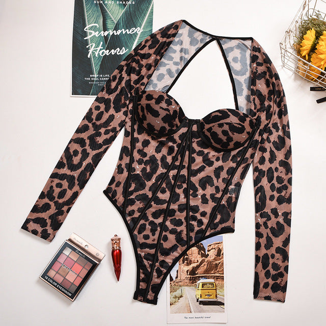 Autumn Leopard Print Push-Up Long-Sleeve Bodysuit