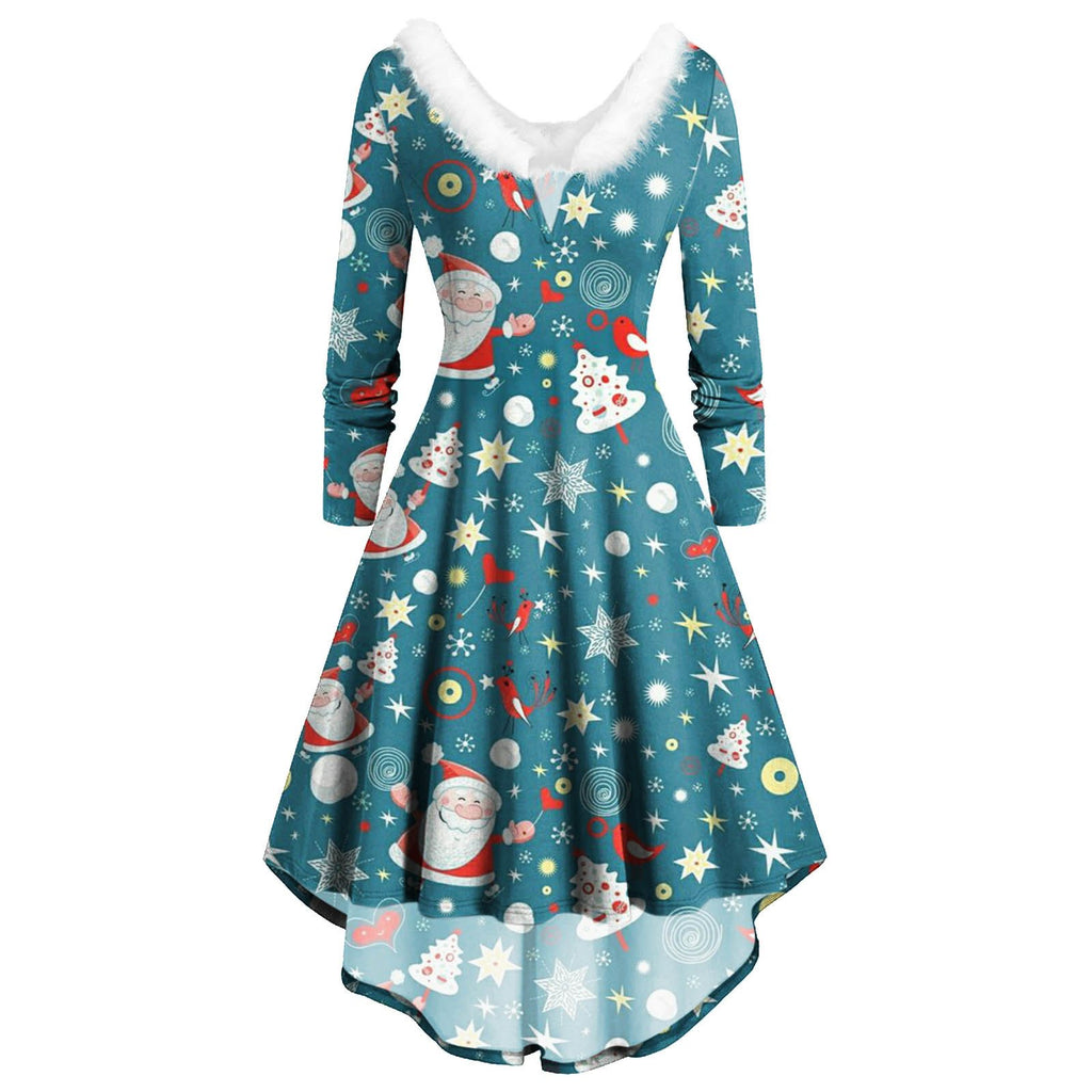 Ladies Christmas Long Sleeve Printed Skirt Dress