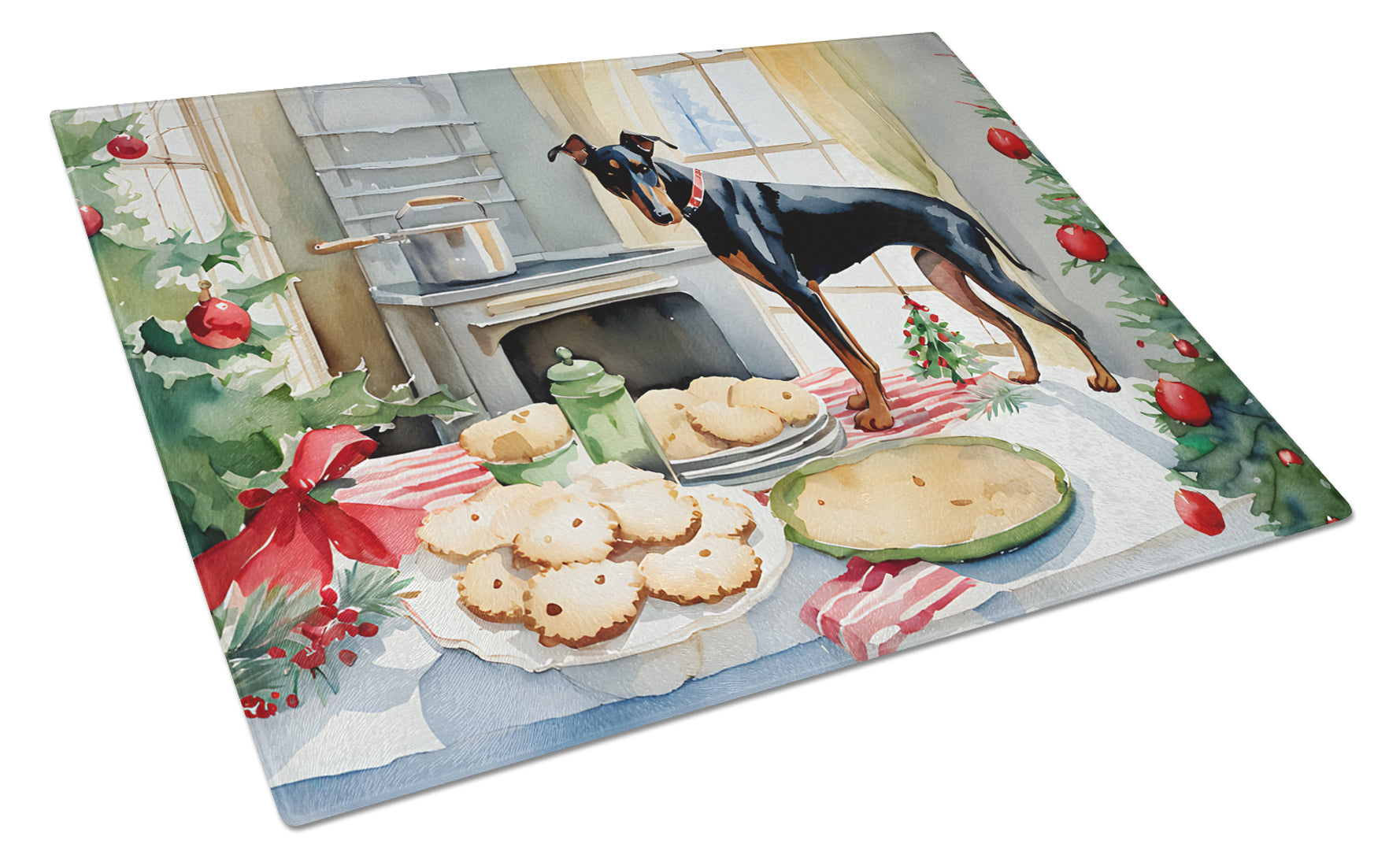 Doberman Pinscher Christmas Cookies Glass Cutting Board