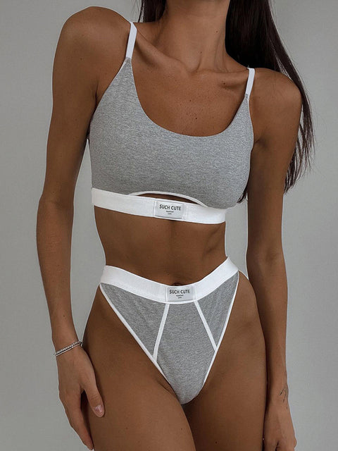 Color Contrast Stitching U-Neck Adjustable Bra Set
