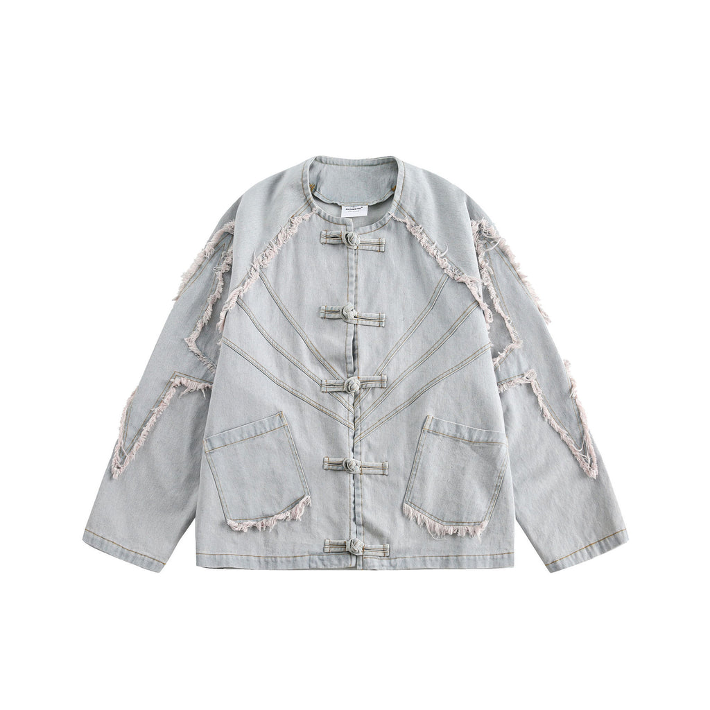 Vintage Chinese Style Denim Jacket in Washed Blue