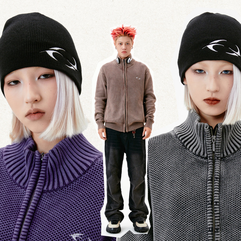 Wind Washed Knitted Cardigan with Zipper Turtleneck