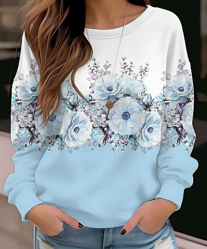 Floral Round Neck Long Sleeve Pullover Sweater | Streetwear