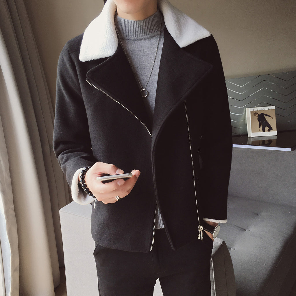 Lambs Wool Short Jacket with Diagonal Zipper