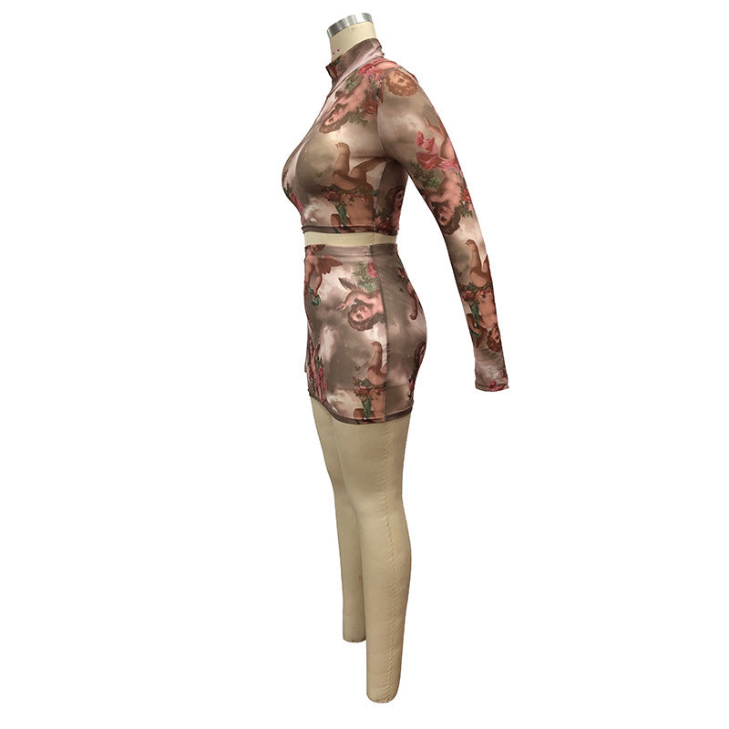 Printed Sheer Mesh Two-Piece Dress Set with Angel Design