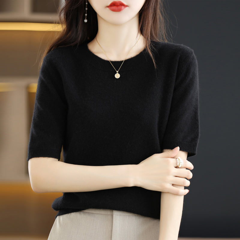 Women's Slim Fit Short-Sleeve Wool Cotton Blend Sweater