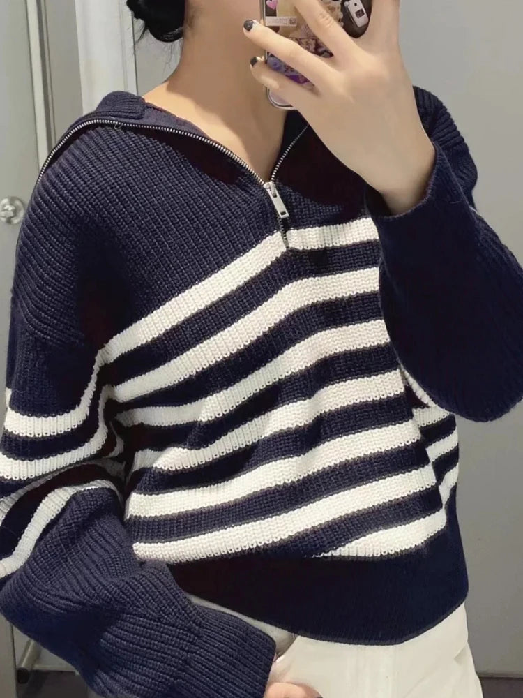 Women's Striped Turtleneck Pullover with Half Zipper | Streetwear