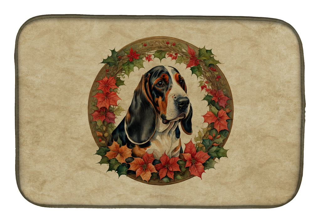 Basset Hound Christmas Flowers Dish Drying Mat