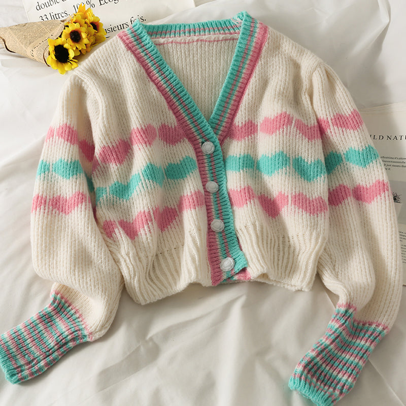 Heart-Shaped Print Slim Knit Sweater for Women