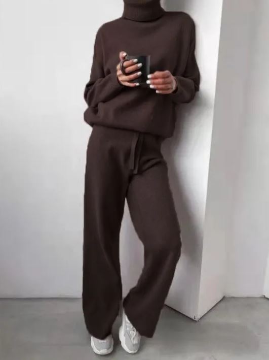 Casual Fashion Suits For Women Turtleneck Sweater And Drawstring Straight Pants