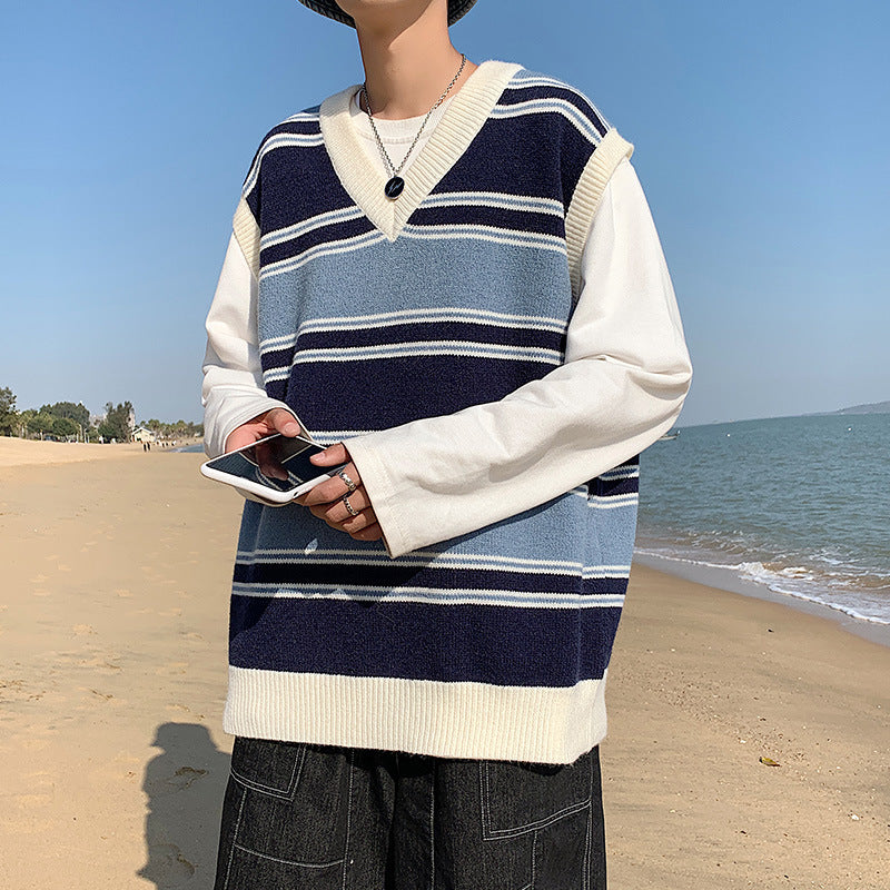 Korean Loose Striped V-neck Sweater for Men
