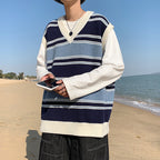 Korean Loose Striped V-neck Sweater for Men