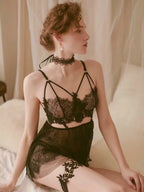 Lace Deep V Back Sexy Sleep Dress with Sheer Design
