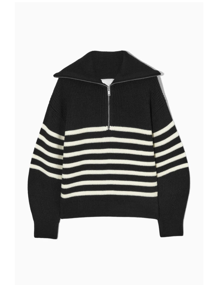 Women's Striped Turtleneck Pullover with Half Zipper | Streetwear