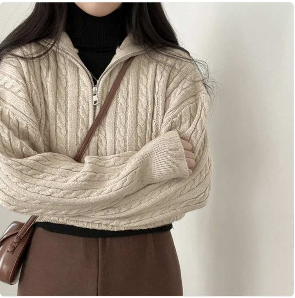 Korean-Style Retro Cable-Knit Zipper Pullover – Casual Long Sleeve Sweater Top | Streetwear