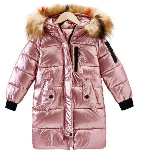 Children's Shiny Large Fur Collar Cotton Coat