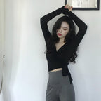 Women's Slim V-neck Long Sleeve Crop Top Fashion