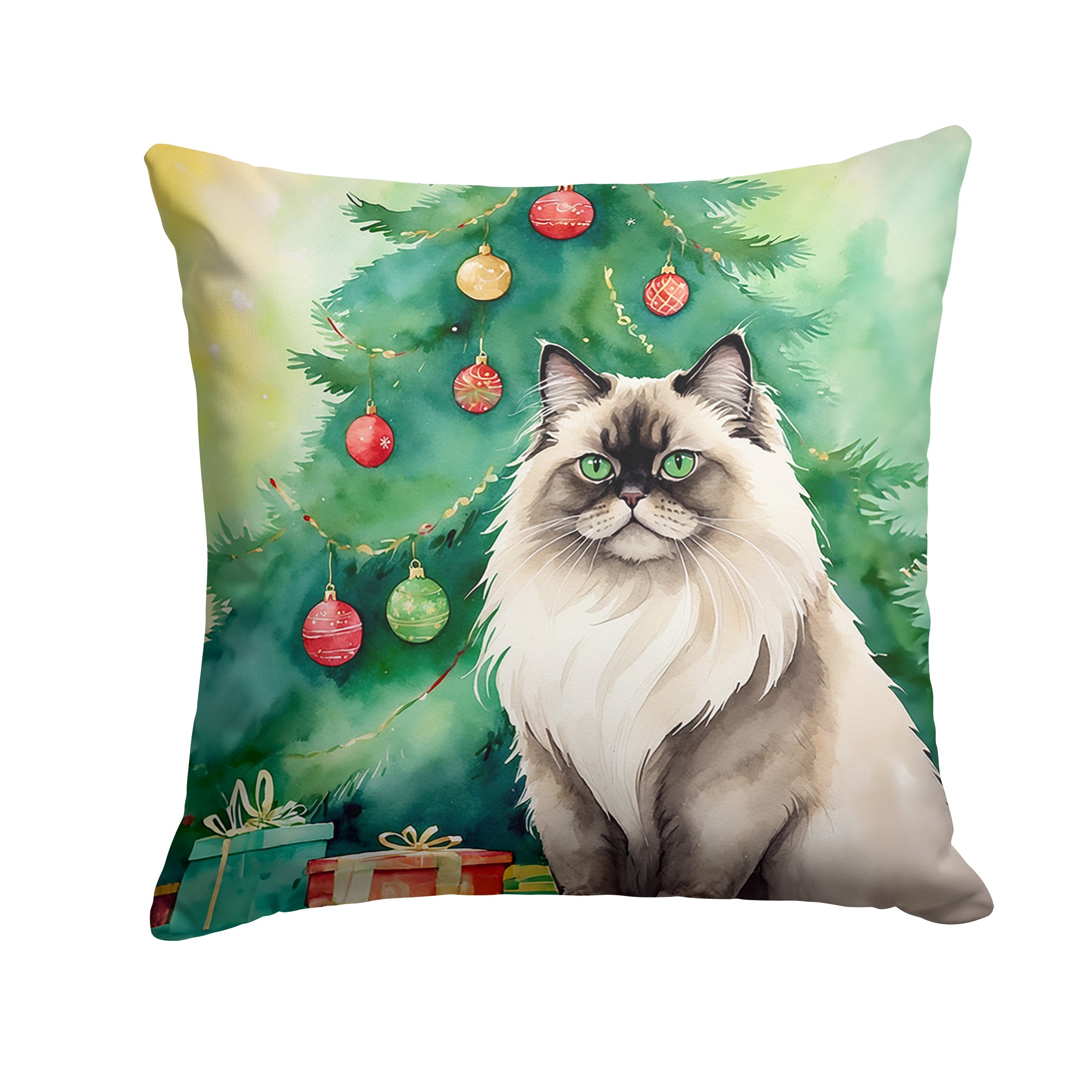 Colorpoint Longhair Cat By the Christmas Tree Throw Pillow