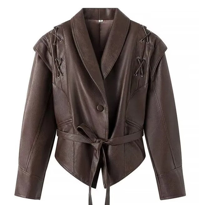 Women's Short Leather Jacket w/Belt