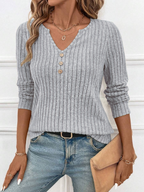 Knit V-Neck Button Long Sleeve Top