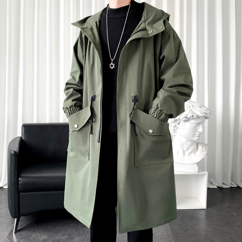 Men's Long Hooded Windbreaker Jacket with Big Pockets