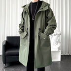 Men's Long Hooded Windbreaker Jacket with Big Pockets