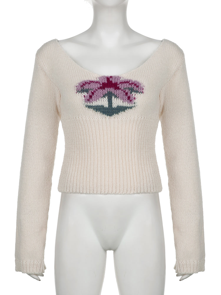 IAMSURE Vintage Basic Slim Printed Cropped Sweater