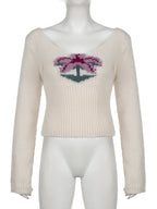 IAMSURE Vintage Basic Slim Printed Cropped Sweater