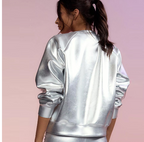 Round Neck Long Sleeve PU Leather Top Coat