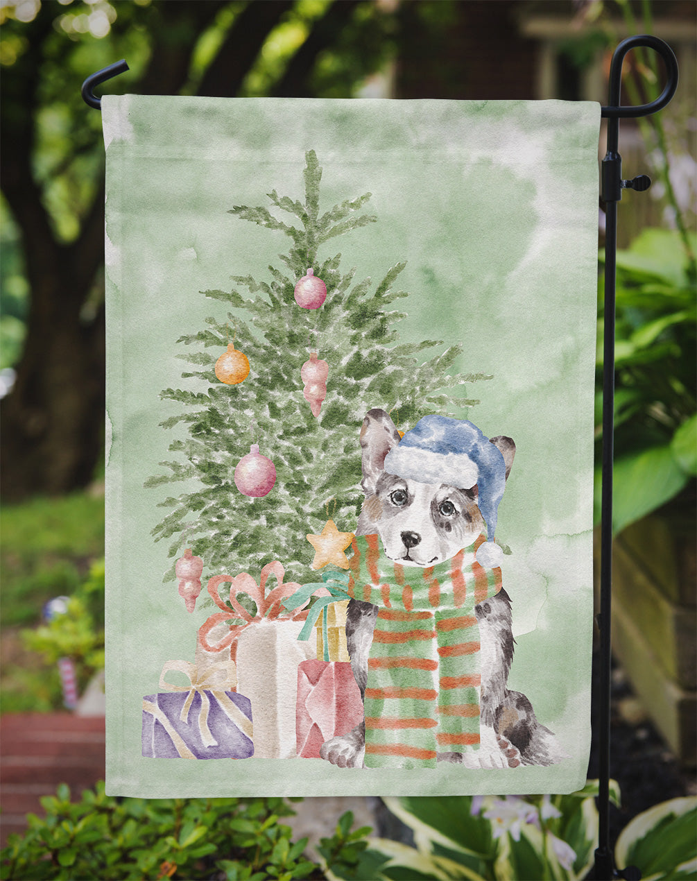 Corgi Cardigan Blue Merle Christmas Presents and Tree Garden Flag