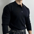 Men's Ribbed Knit Polo Shirt - Casual Button-Up Top