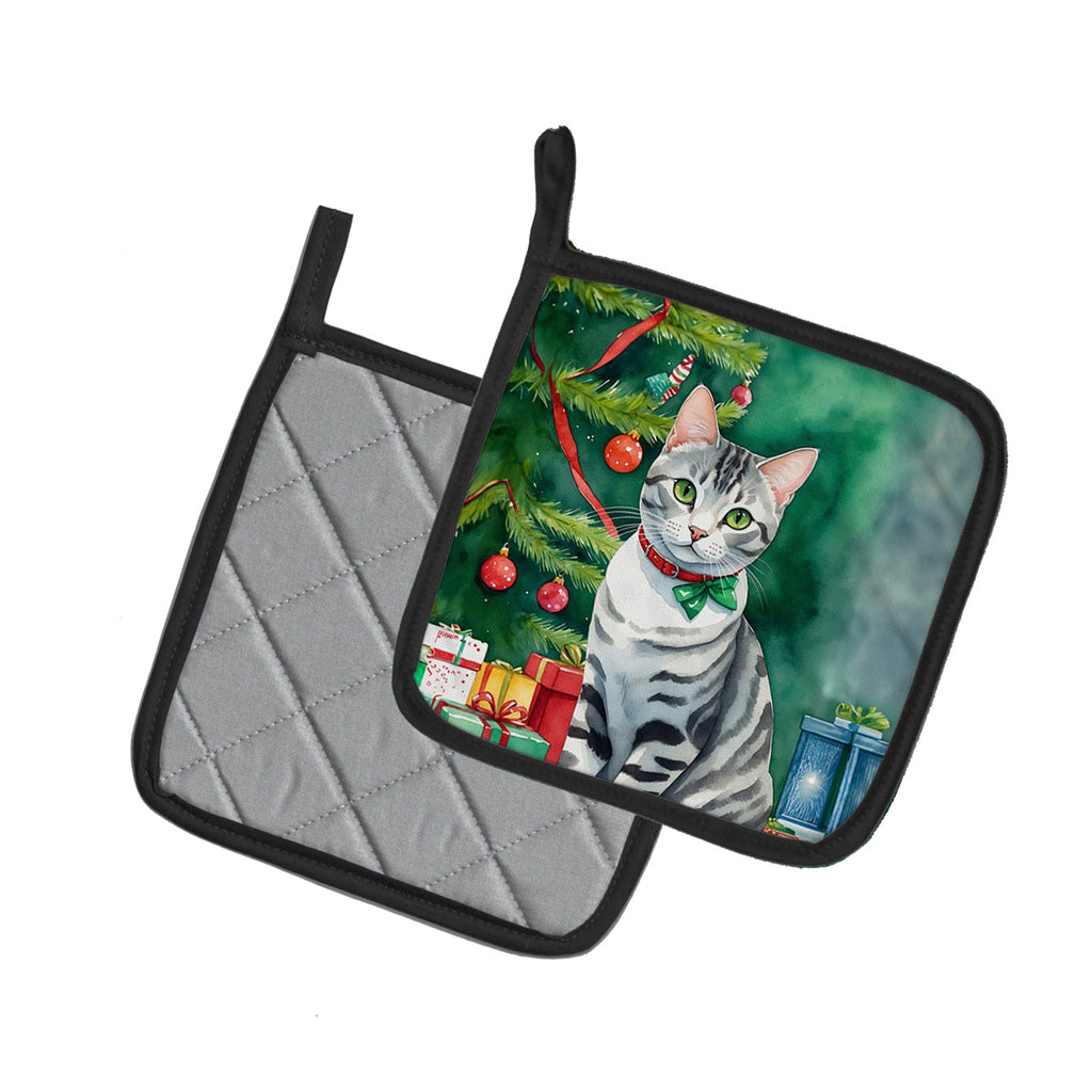 American Shorthair Cat By the Christmas Tree Pair of Pot Holders