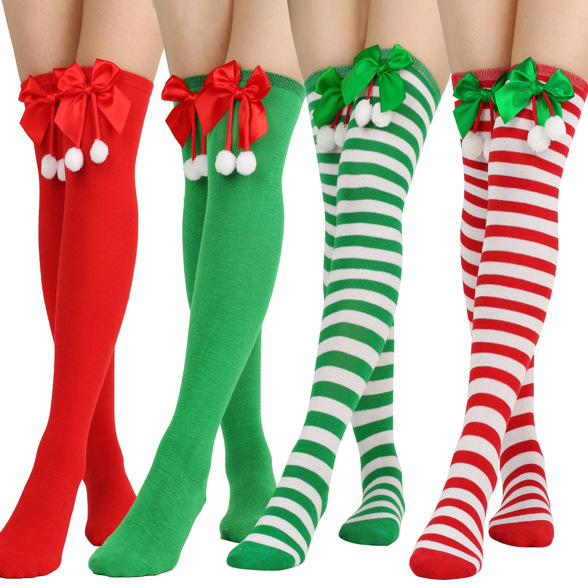 Puff Ball Bow Over Knee Christmas Socks for Women
