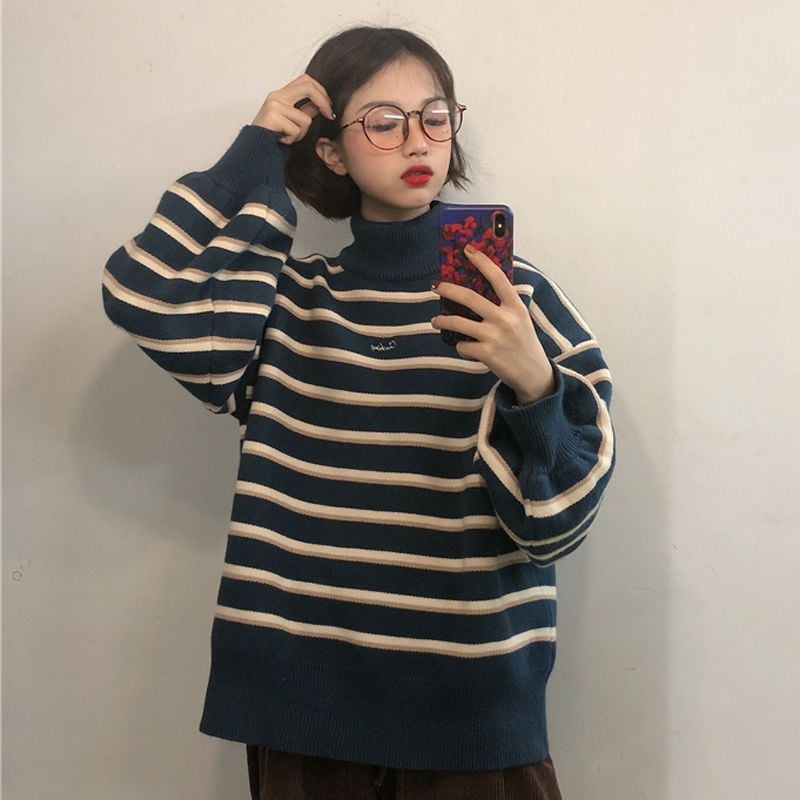 Women's Colorblock Striped Turtleneck Pullover Sweater | Streetwear