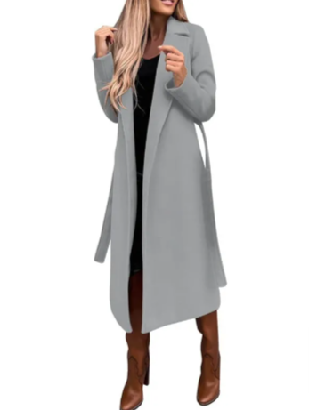 Women's Long Woolen V-Neck Tie-Up Coat